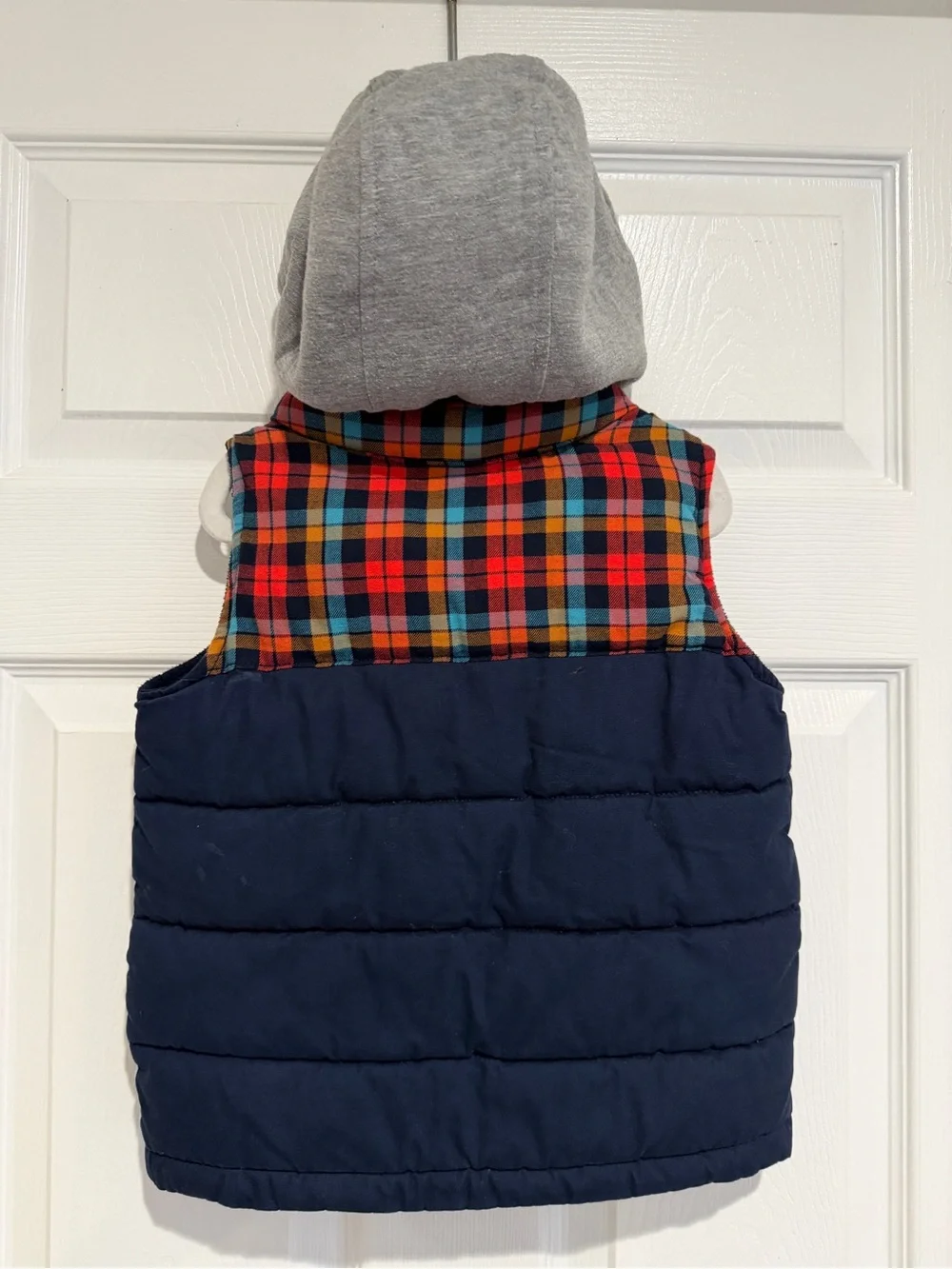 Old Navy Boys 4T Navy Plaid Hooded Puffer Vest Sherpa Lined